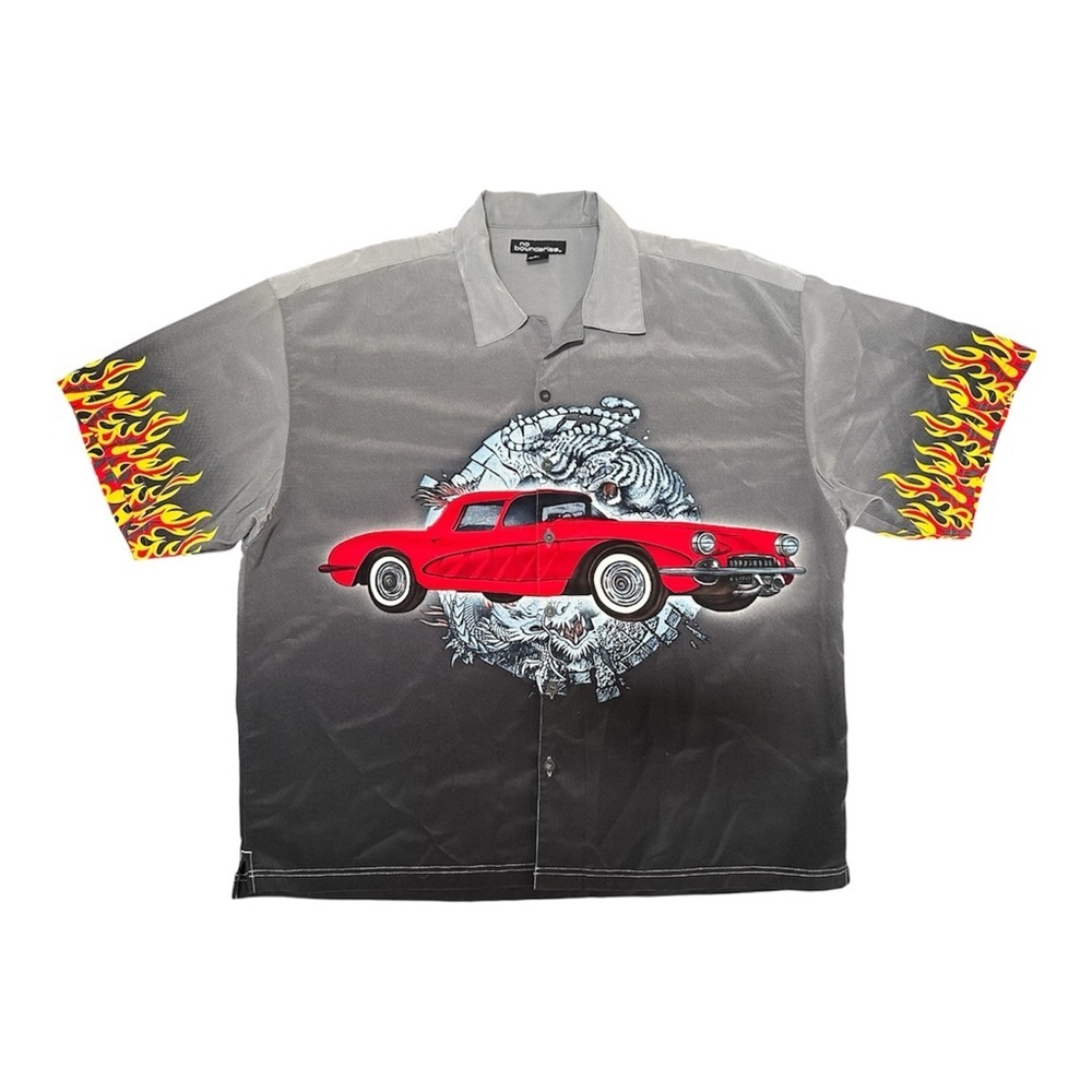 Vintage Y2K Hot Rod, Flames, & Tiger Short Sleeve Button Up Men’s 2XL Streetwear